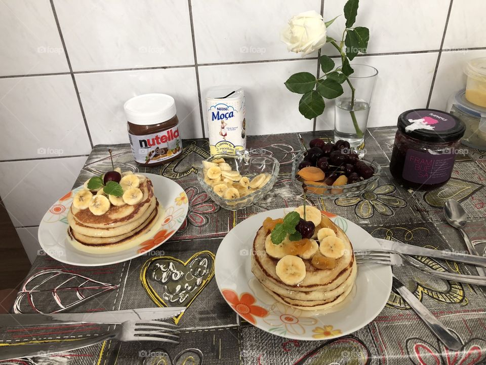Pancakes for breakfast in family wish good morning 