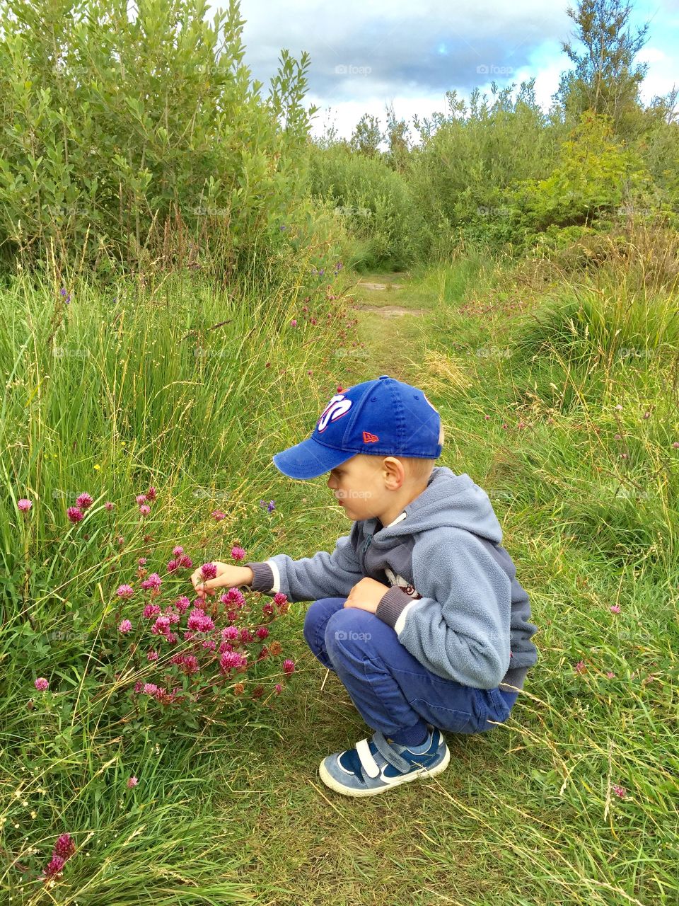 Little boy picking wildflowers