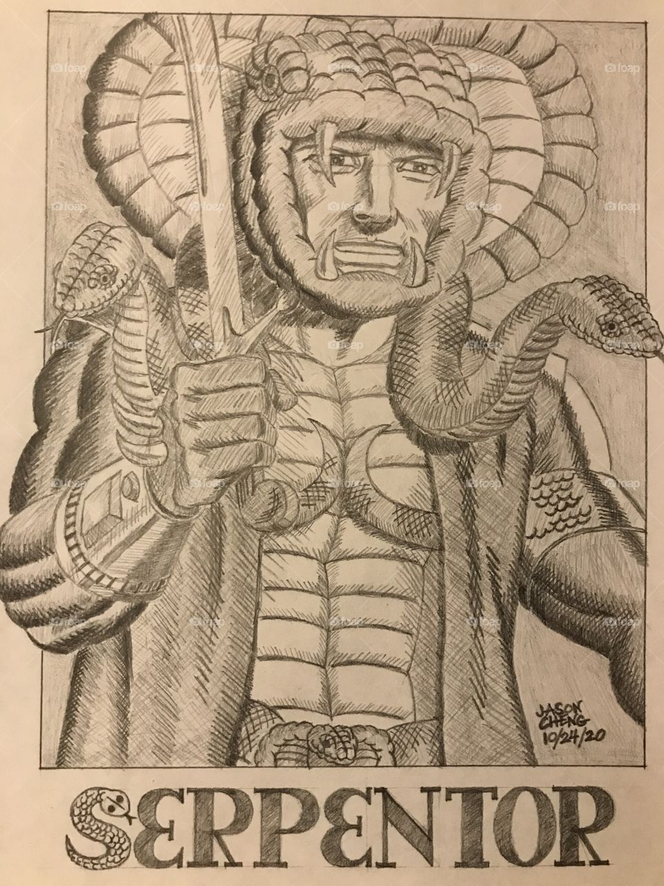 A pencil rendering of Serpentor, the Cobra emperor from GI JOE: A REAL AMERICAN HERO. He is depicted here armed with a large Turkish blade called a kilij.