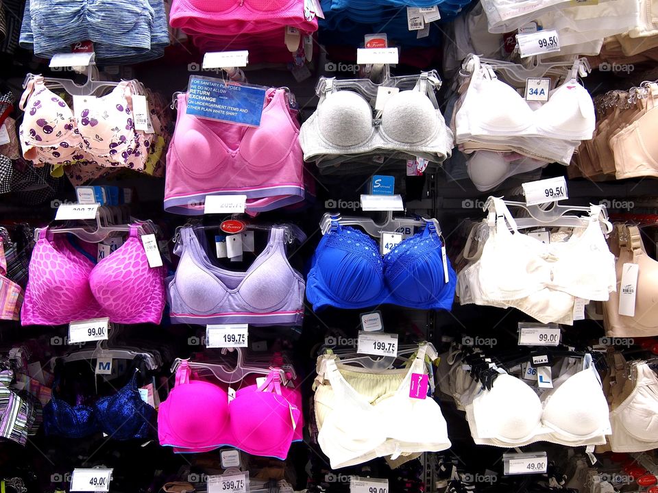 assorted female underwear on display at a store