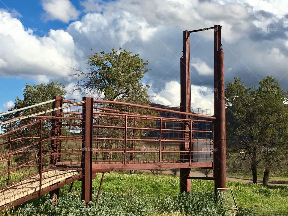 Rusted steel sheep loading ramp at old sheep ranch in south Australia Flinders region 