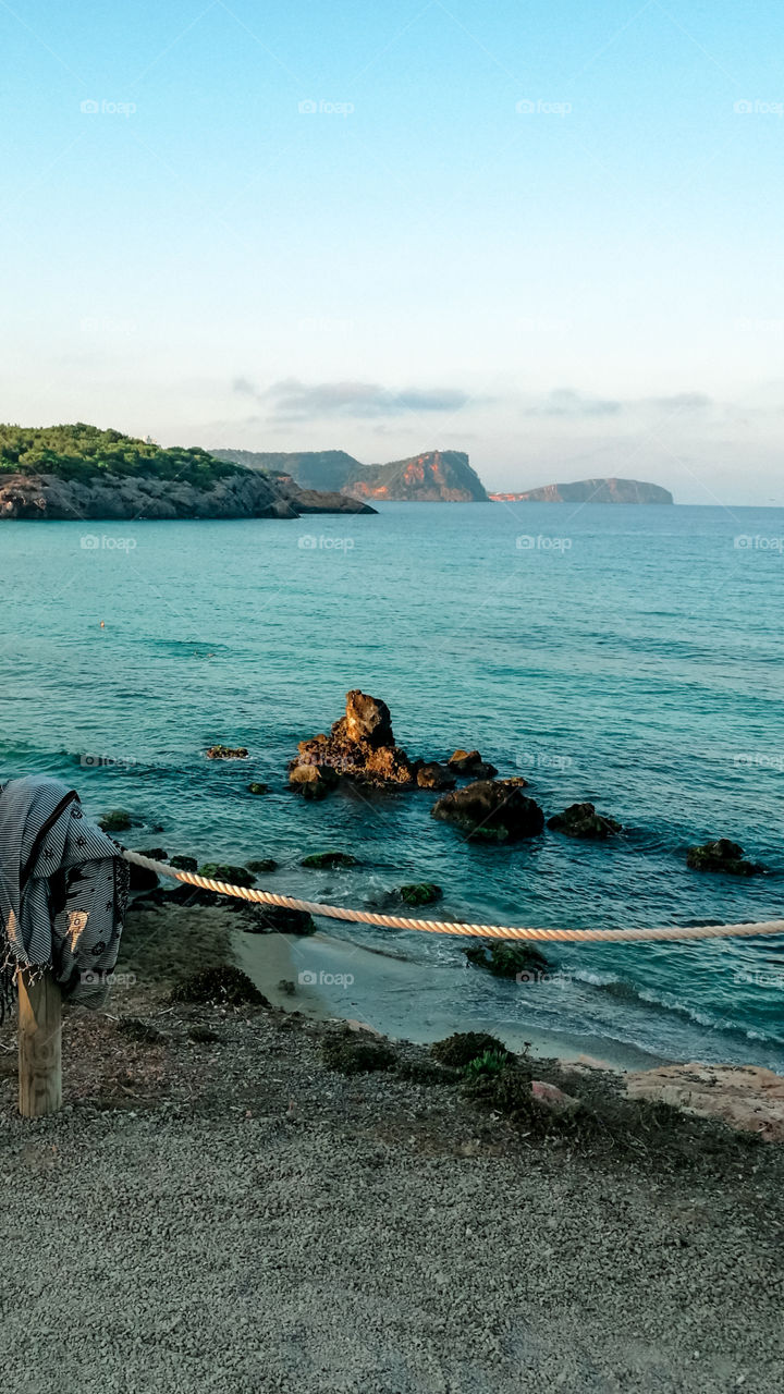 Landscape of a beach in Ibiza during sunset 