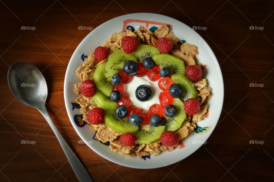 High angle view of breakfast on table