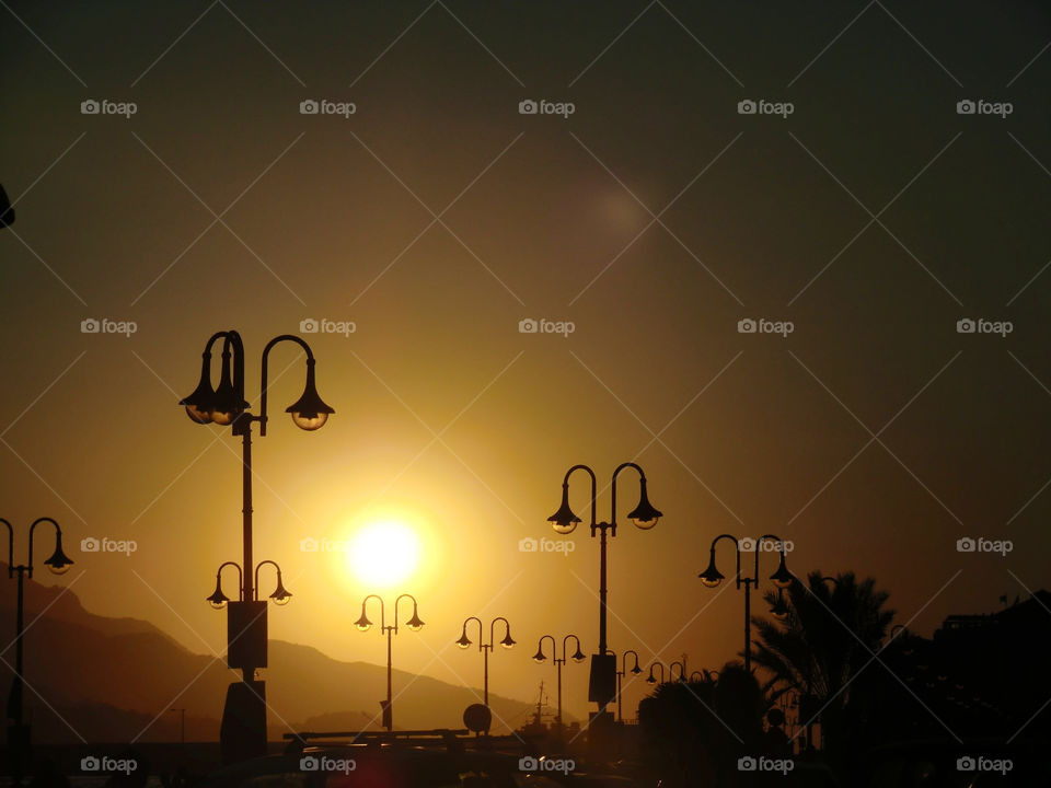 Street lights in sunset