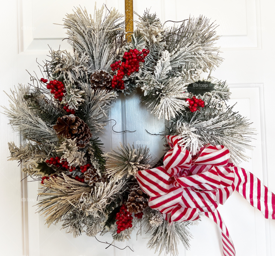 Christmas flocked spruce wreath.