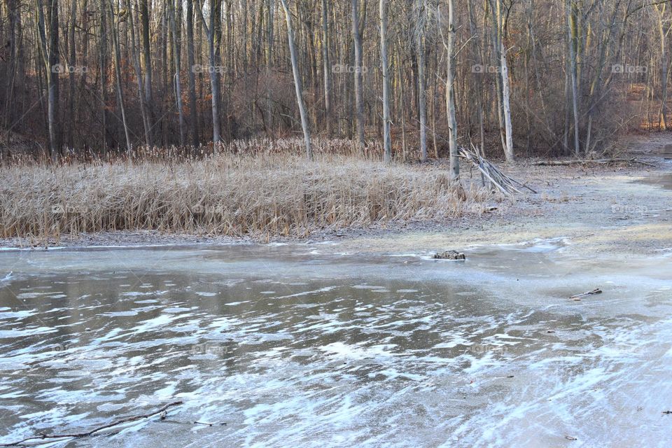 Snow dusting the ice on a pond