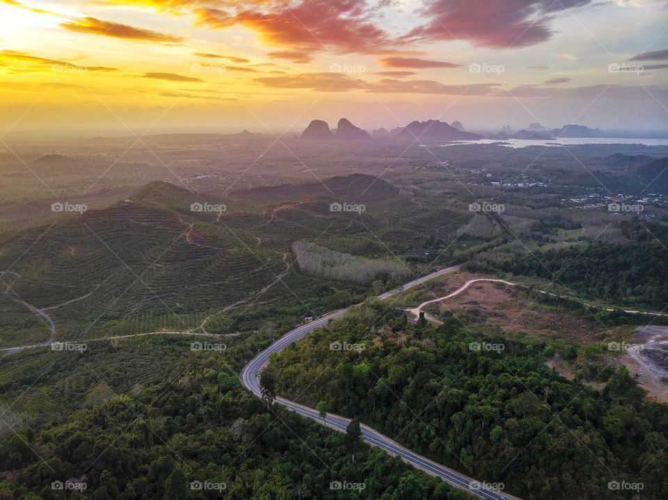 Aerial view of sunrise in Perlis, Malaysia