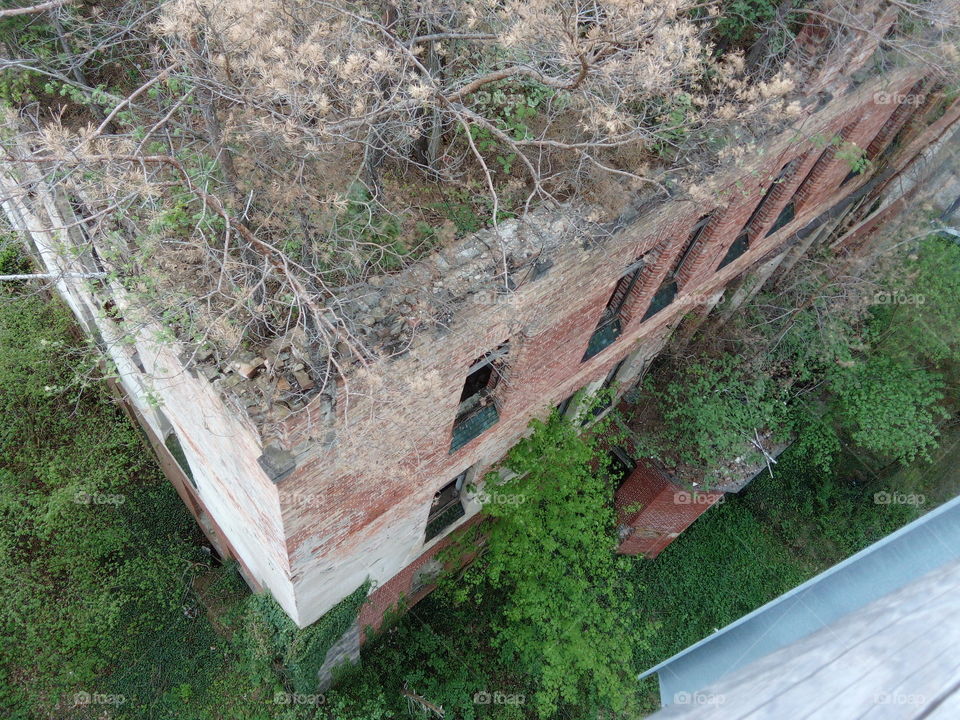 Abandoned place with high walkway in the trees