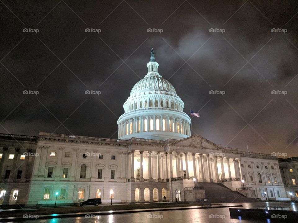 The east front of the United States Capitol is seen at night. (Image source: Jon Street Media)