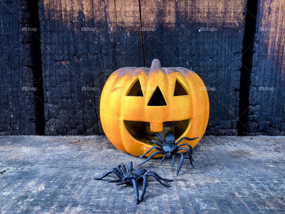 Scary pumpkin placed on rustic wooden table surrounded by big black decorative spiders