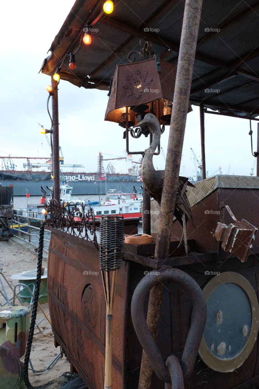 Hamburg.Winter beach on the Elbe.Port