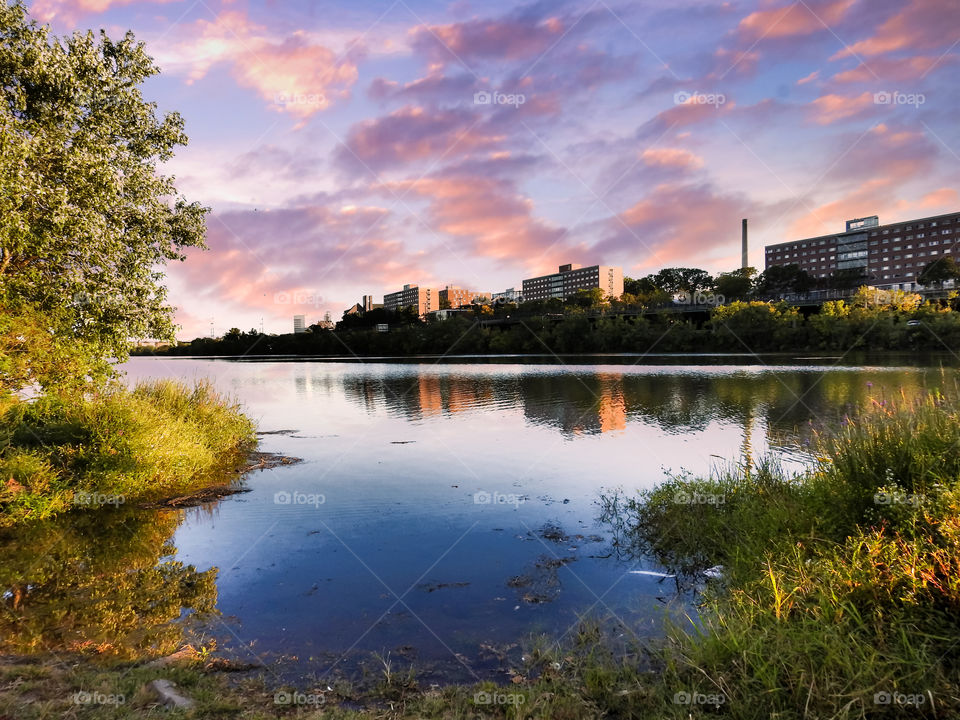 Colorful Sunset And Skyline Over A New Jersey River