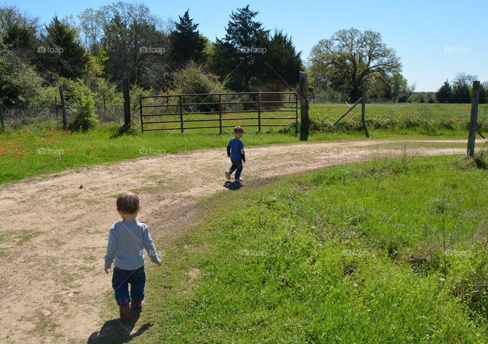 Boys walking on dirt road in the country on a farm