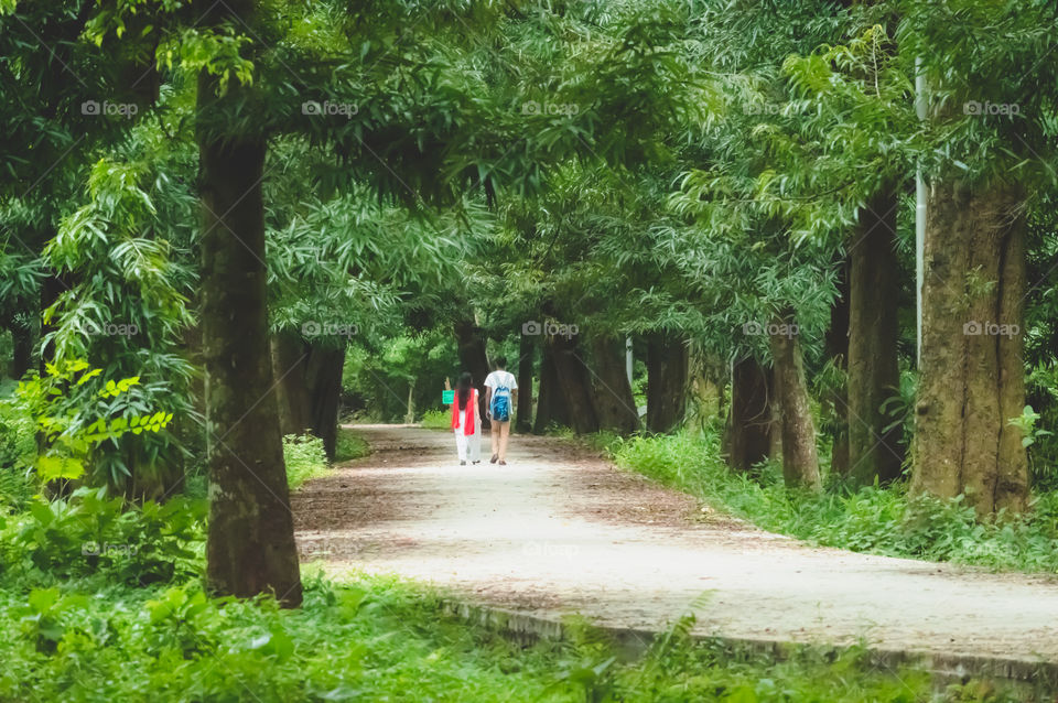 Portrait of two joyful young loving Couple walking in a green autumn park on a romantic summer day. Pre-wedding marriage engagement concept. Togetherness composition. Botanical garden, Kolkata, India