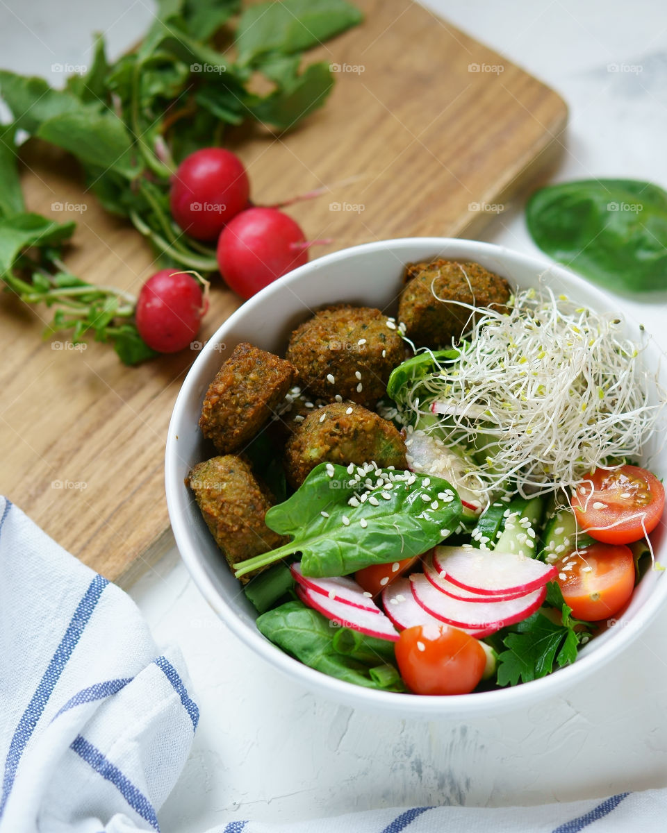 High angle view of healthy green salad