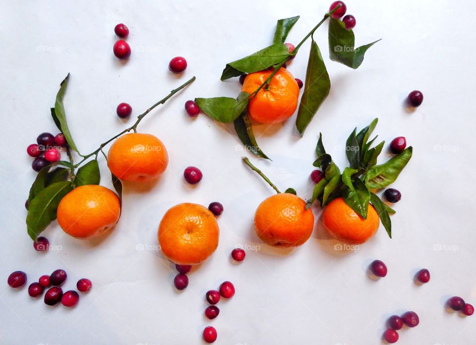 Tangerine and red berries on white backgrounds