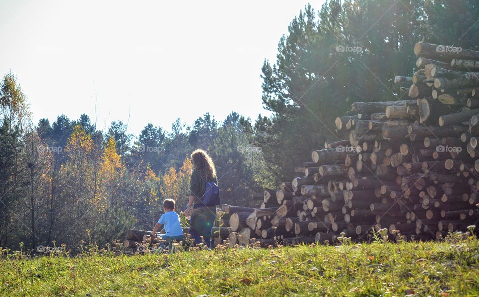 morning walking family mother and child boy autumn beautiful landscape