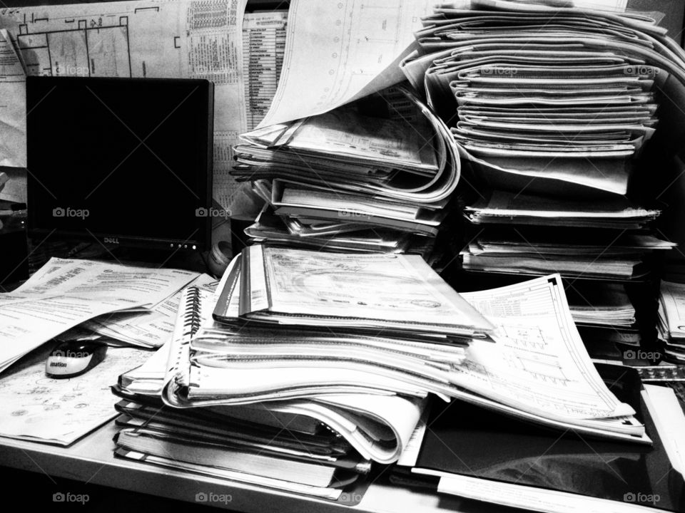 Work piling up (black and white)