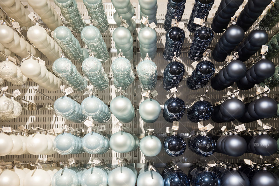 Christmas decorations and ornaments in a store in Sweden.