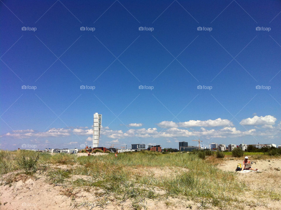 The beach Ribban in Malmö, Sweden and Turning Torso by the famous architect Calatrava in the background.