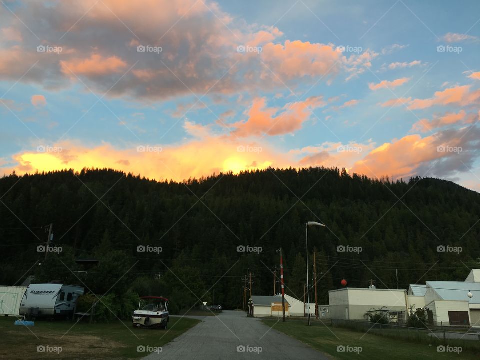 Sunset over mountain town