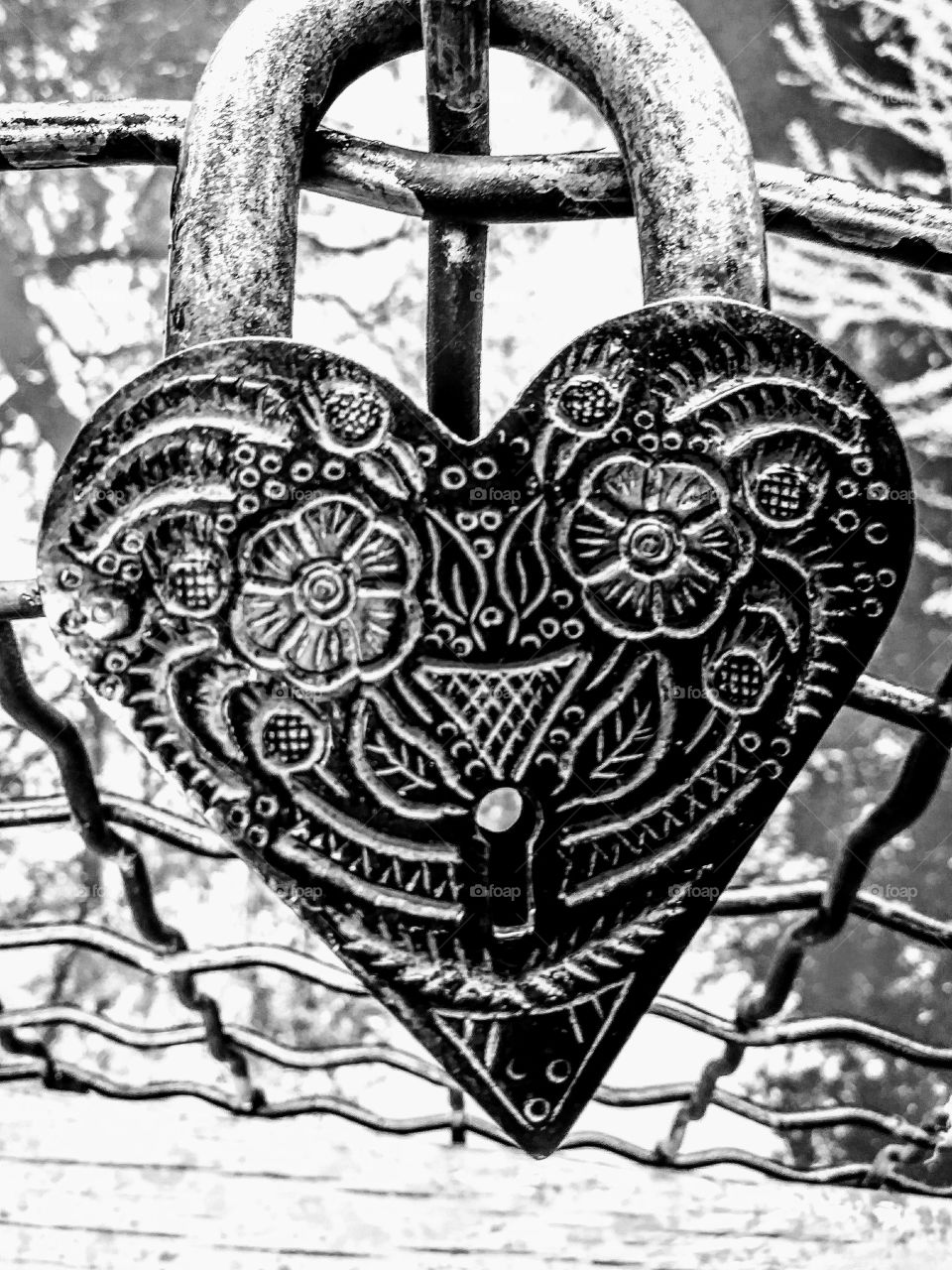 black and white of engraved love lock on bridge. very detailed decoration