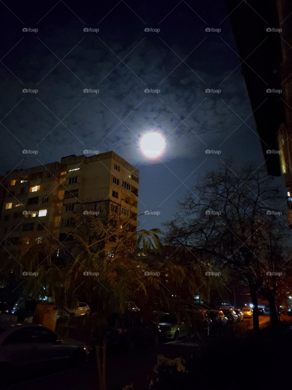 Night photography of a city/ nightlife in the capital of Bulgaria, Sofia /empty street and bright full moon