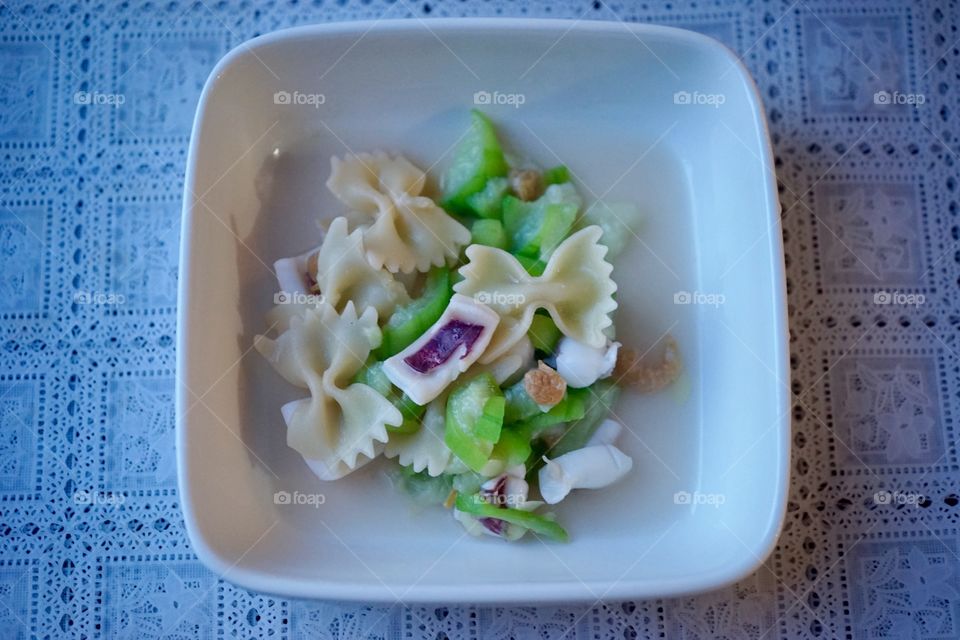 High angle view of bow tie pasta
