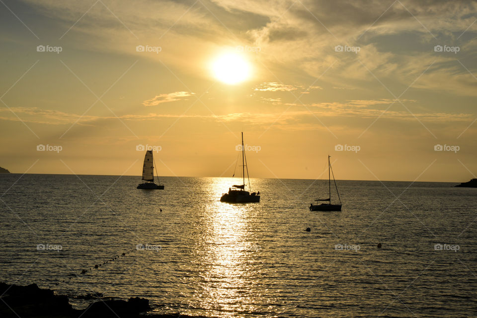 Silhouette of sailboats at sunset