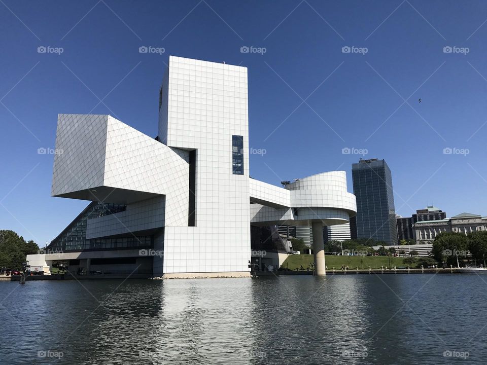 Back side of rock and roll hall of fame and museum in Cleveland, Ohio, view from Lake Erie