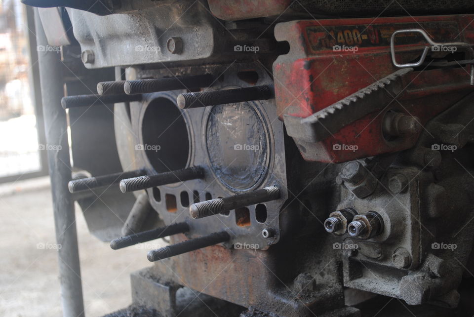 a two cylinders diesel engine with it head removed