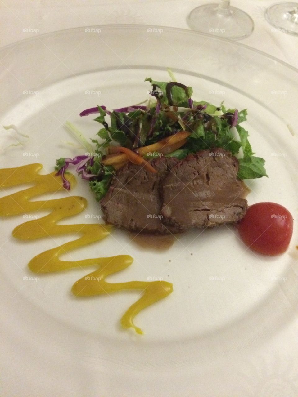 Steak salad with a chocolate dressing. Beautiful dinner we had on our honey in Jamaica. French cuisine. 