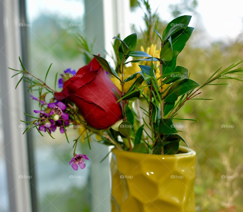 A single red rose with other flowers in a green vase in a window 