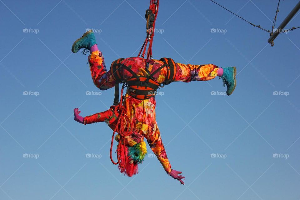 girl aerial acrobat performs a dance hanging on ropes with her head down