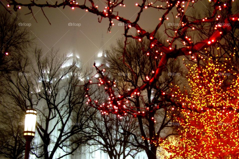 The Salt Lake LDS Temple at Christmas in the winter you with the lights all about