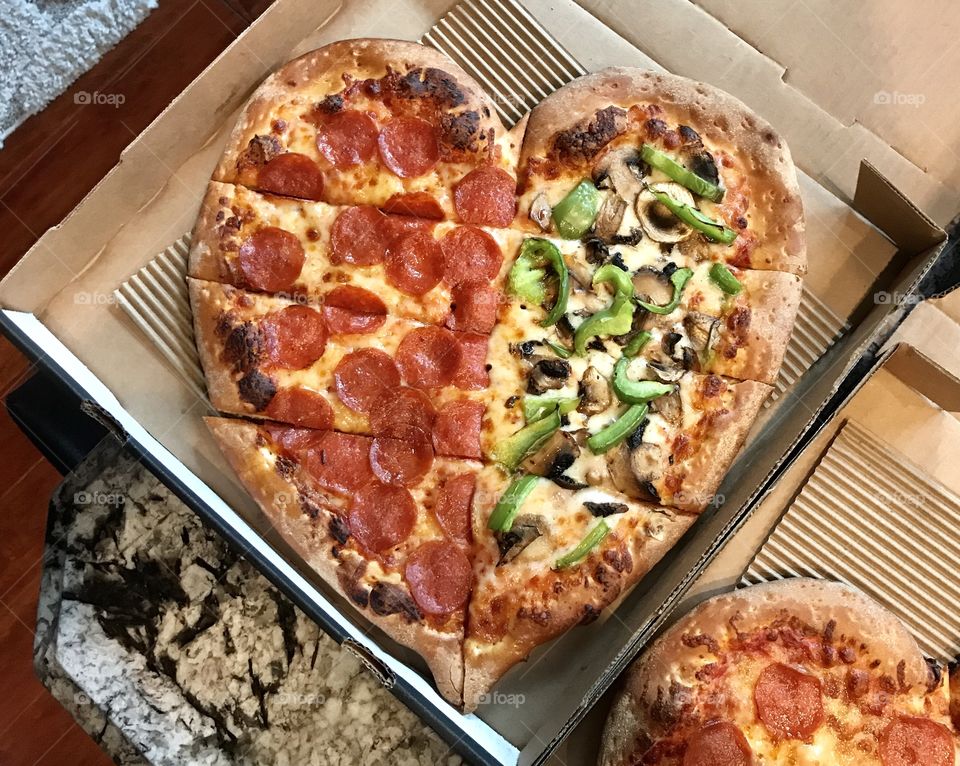 Heart shaped pizza for Valentine’s Day! When you’ve been together for 28 years, no fancy dinner needed; this is perfect! Pizza Guys! 
