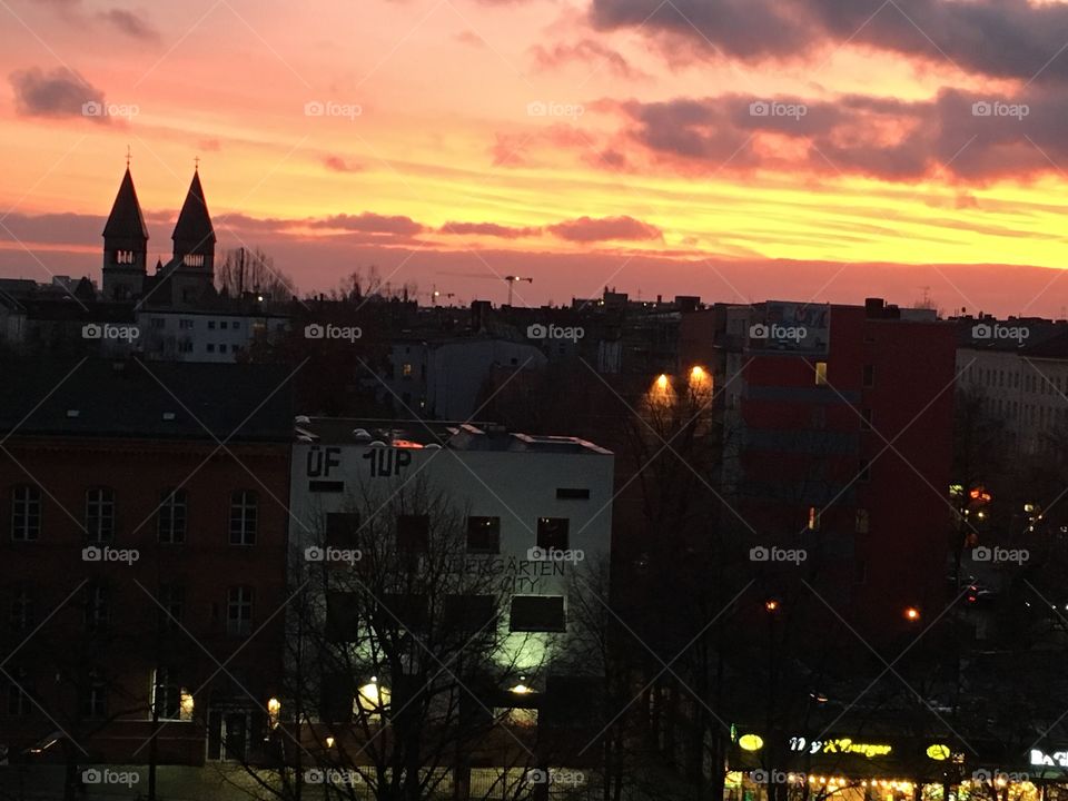 Sunset and church tower