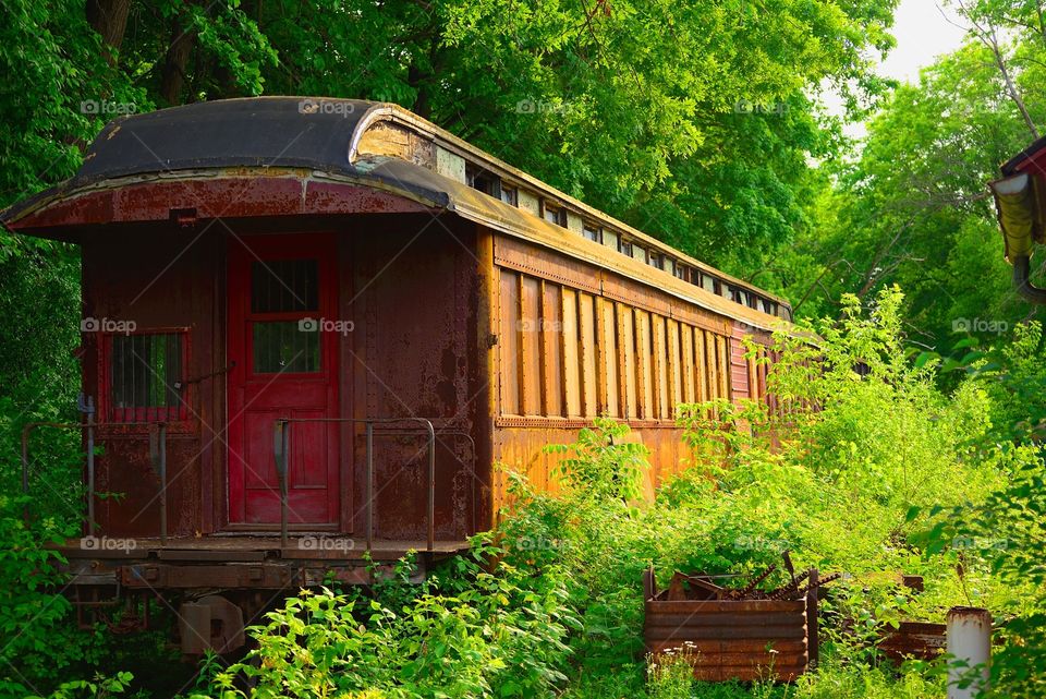Old train car. The north lake old steam train sits in the woods unused and abandoned 