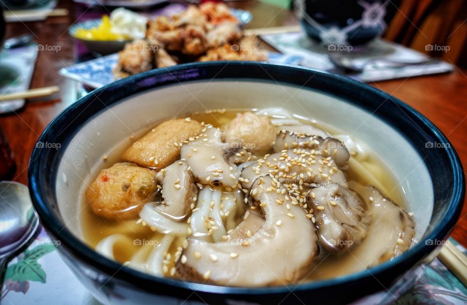Oden udon noodle soup with roasted sesame seeds. A popular food item in Japanese and Korean cuisine.