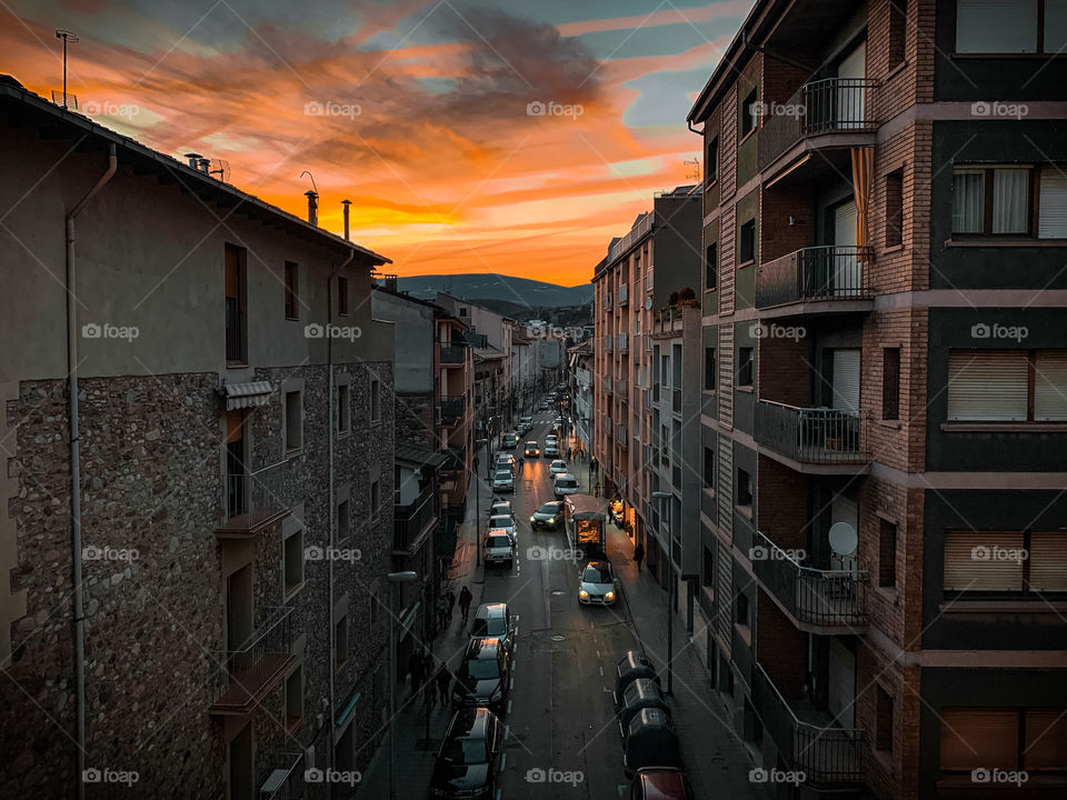 High angle view of a cityscape during sunset 
