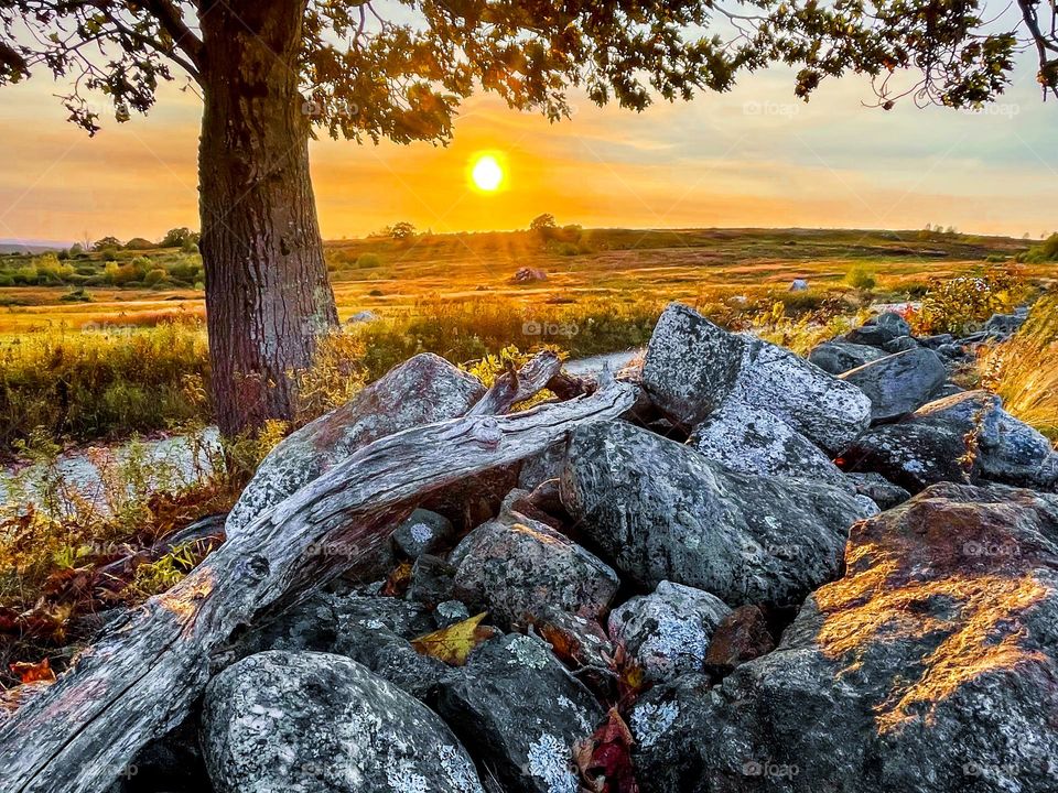 Sun getting low in the sky over a rock wall.