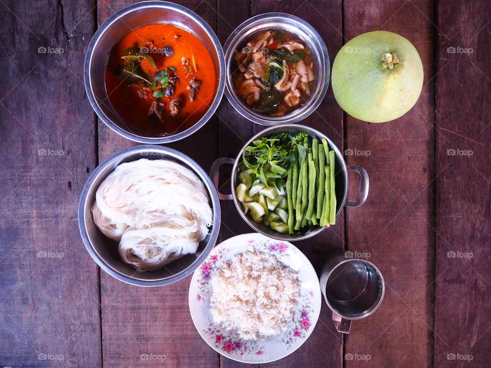 province food in thailand,thai food vintage rice,curry,vagetable