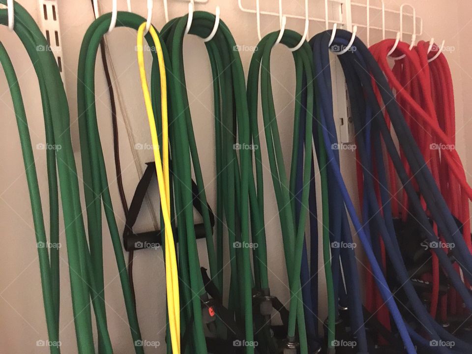 Working out with resistance bands at home.