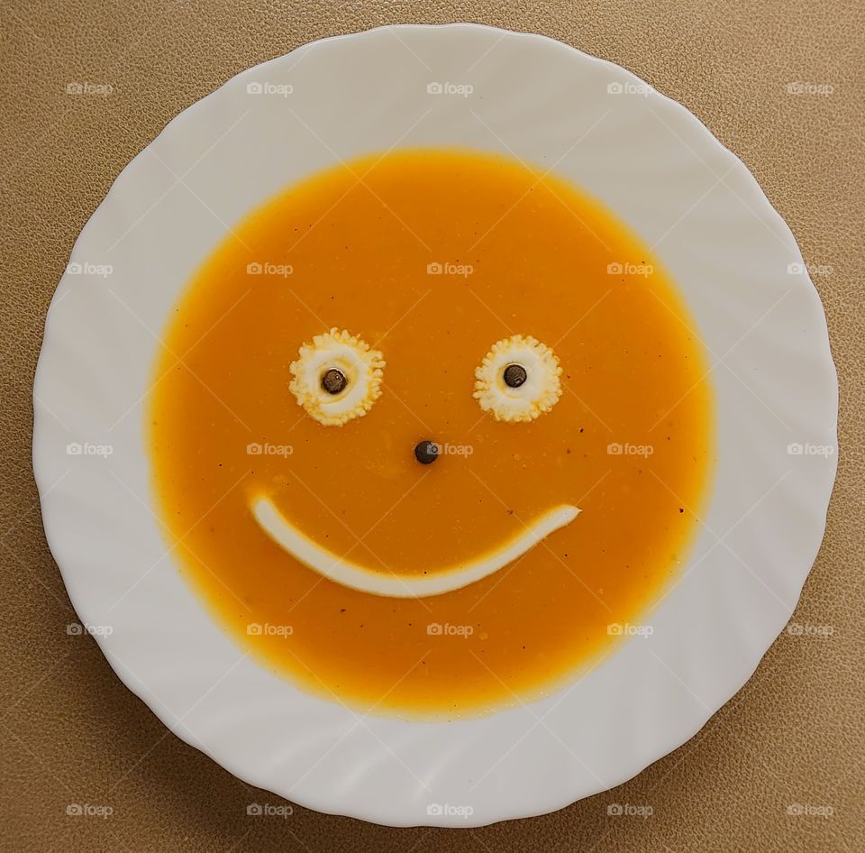 Funny lunch!  Pamkin cream soup with smile 🎃😀