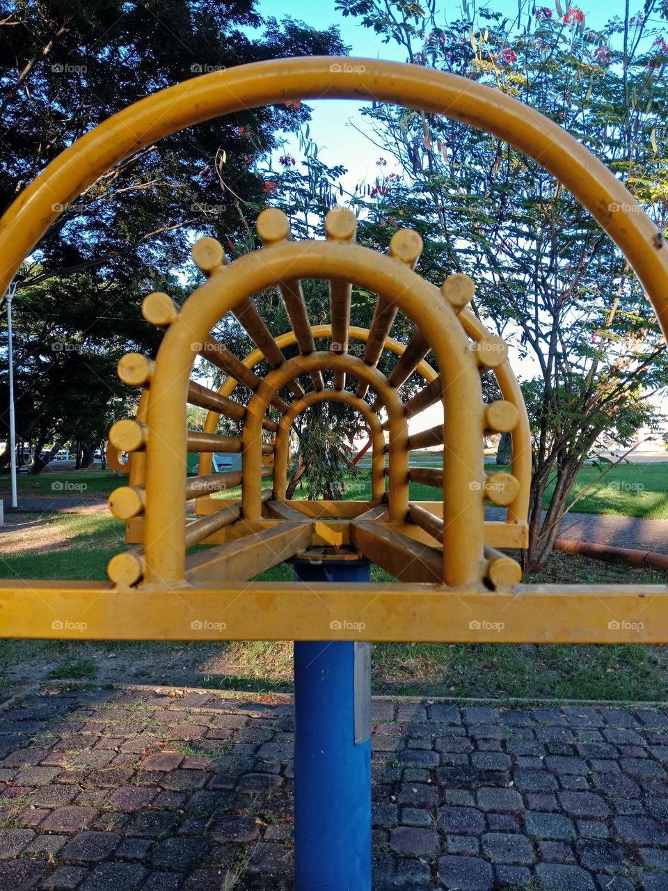 Park gym station, stretching.