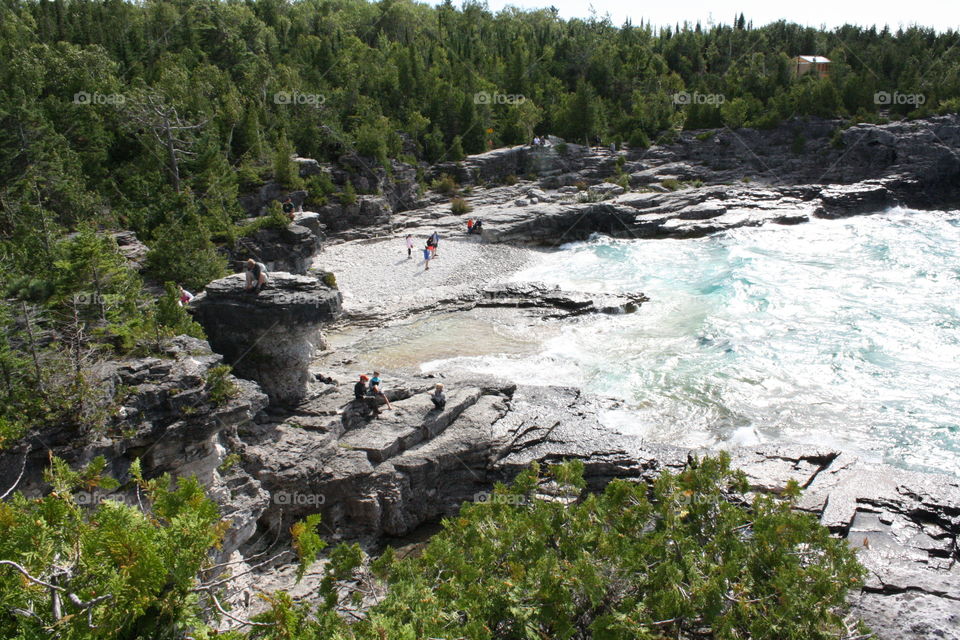 Flying over lake shoreline, Tobermory, Canada