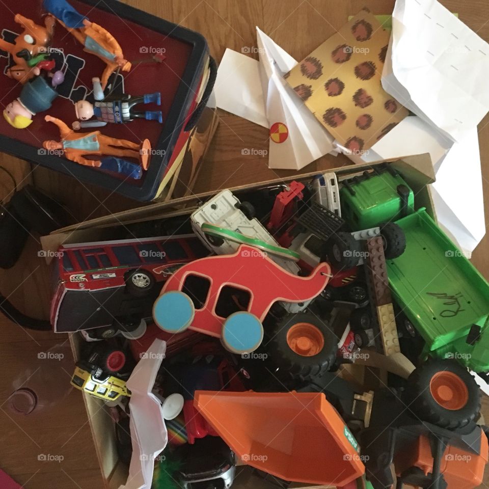 Toys in box, from above