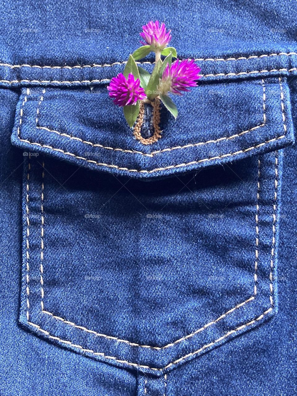 Flores pink de perpétua com algumas folhinhas verdes dentro do bolso da jaqueta jeans azul. Flor substituindo o botão.