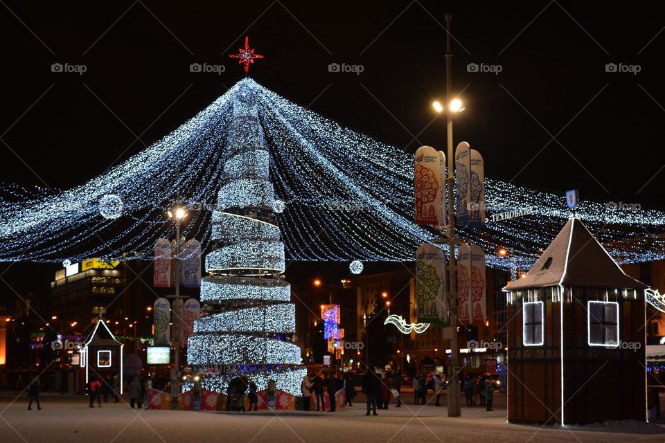 beautiful Christmas and New year night light street photography, Christmas tree