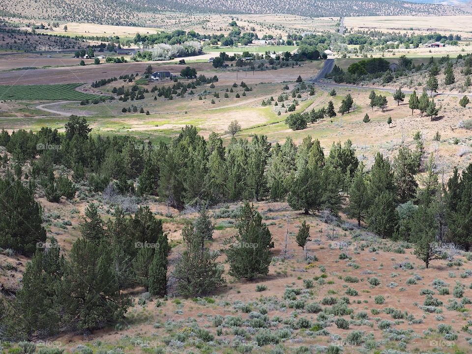 A view down hills into the farming valley and the small rural community of Gateway in Central Oregon on a sunny summer  day. 